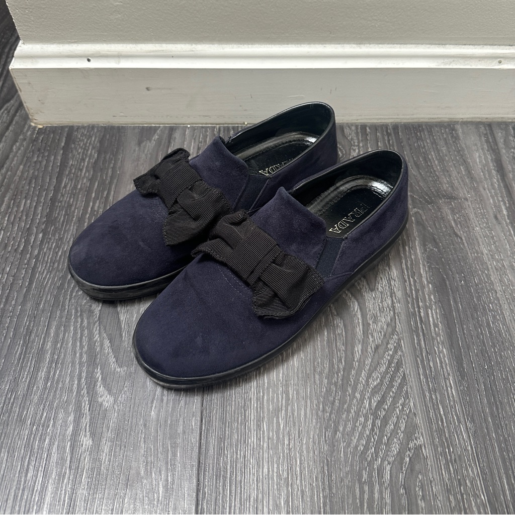 Authentic Prada Calzature Navy Suede Bow Slip-On, Size 37.5